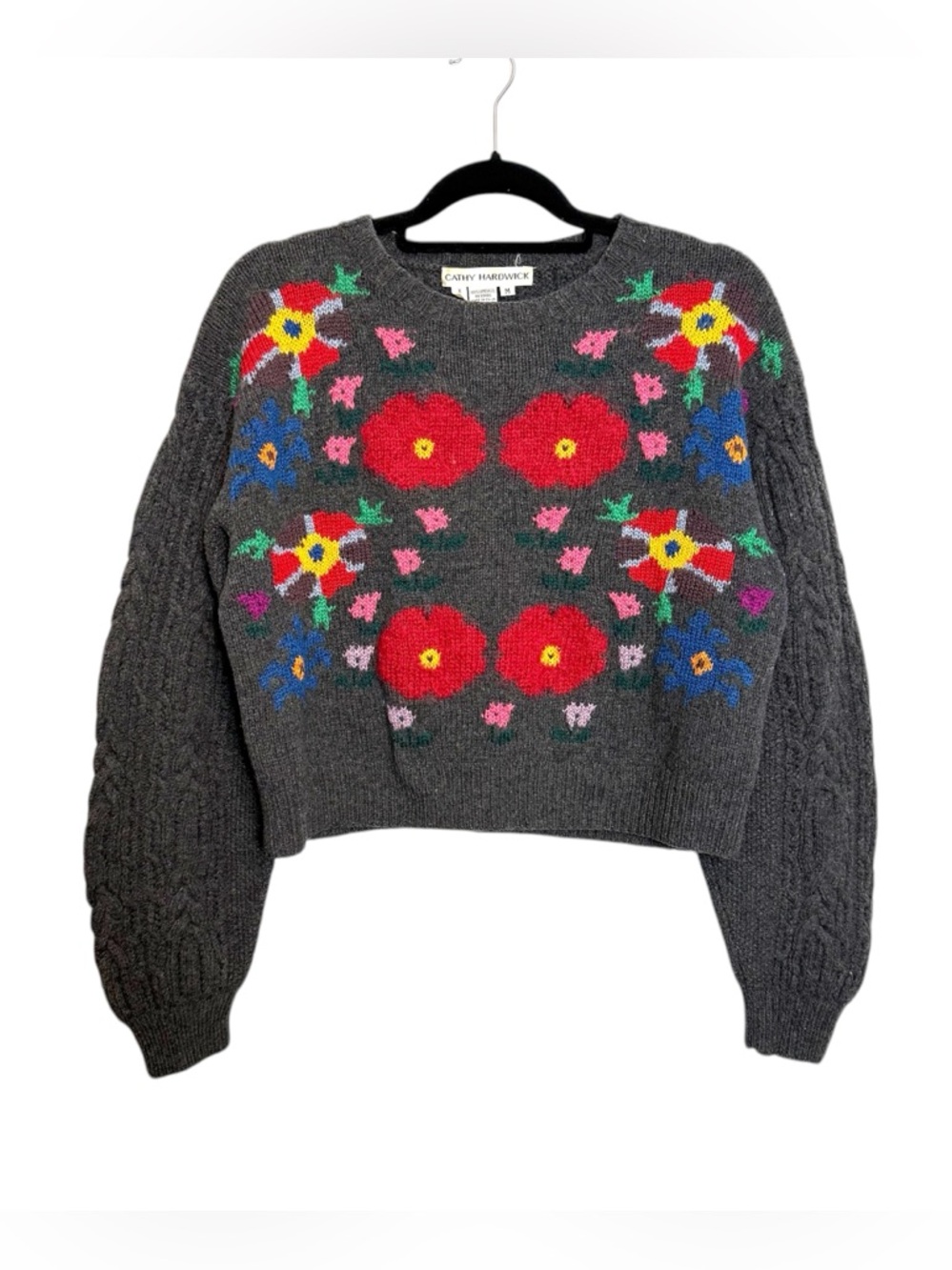 Cathy Hardwick Lambswool Cable Knit Floral Sweater Cottagecore M